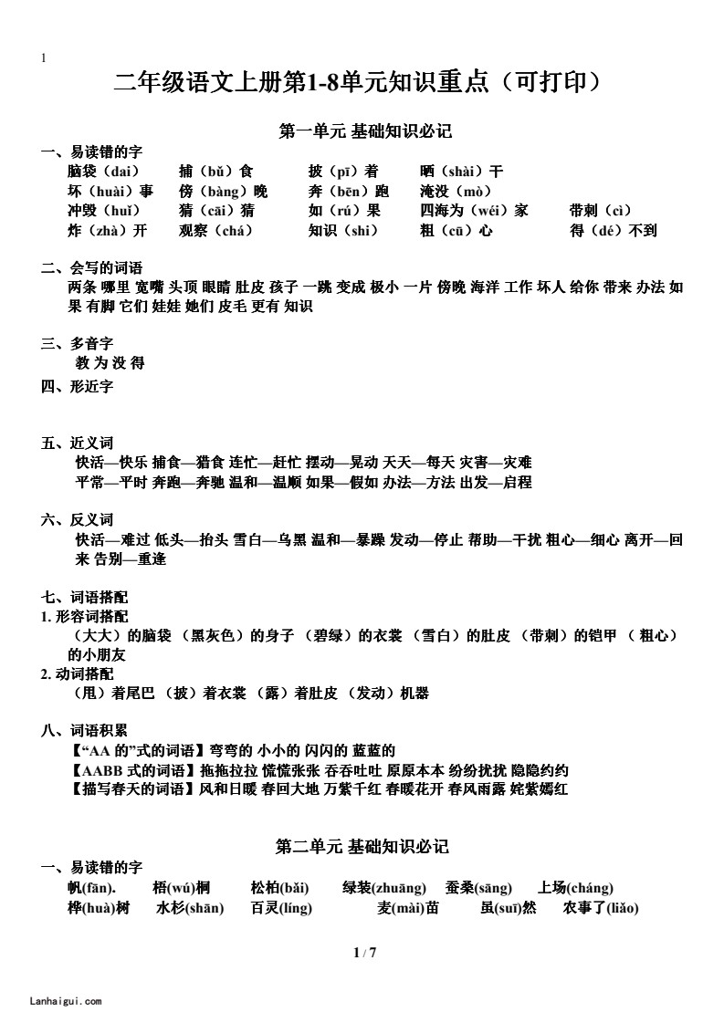 二（上）语文期末 第1-8单元知识重点汇总(1)(lanhaigui.com)_01